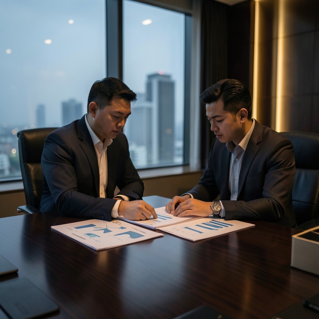 Analyst reviewing printed workforce trend charts at a Bangkok conference table